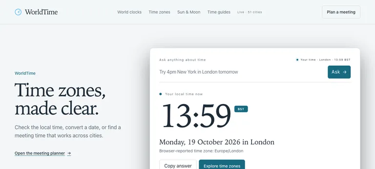 WorldTime showing the current time and date in London